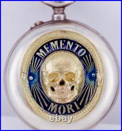 Antique Occultist Pocket Watch Memento Mori Skull Silver Enamel Case c1890