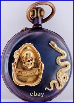 Antique Occultist Pocket Watch Memento Mori Skull Snake Gunmetal Case c1890's