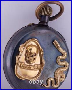 Antique Occultist Pocket Watch Memento Mori Skull Snake Gunmetal Case c1890's