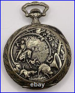 Antique Pocket Watch Swiss 70mm Silver-Plated Case Doxa Boar Hunting Scene