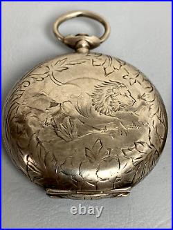 Antique Pocket Watch Systeme Roskopf Solid Silver Case Engraved Lion 56mm