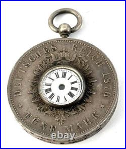 Antique Rare Silver Pocket Watch Case Deutsches Reich Funf Mark Coin 1876
