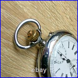 Antique Swiss pocket watch chronograph 1910h chromed case enamel dial