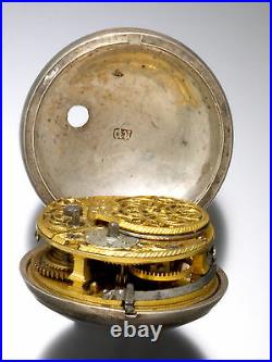 Antique Verge Fusee English Repousse Pair Case Pocket Watch C1770 Painted Dial