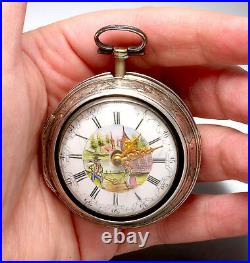 Antique Verge Fusee English Repousse Pair Case Pocket Watch C1770 Painted Dial