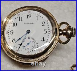 Antique Waltham Pocket Watch Gold Filled Case Chain With 14k Chain Slide