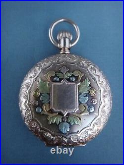 Antique Waltham Pocket Watch Tri Color 14k Gold Case Fancy Ruby & Emerald Dial