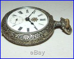 Antique Working Systeme Roskopf Swiss Pocket Watch withRock Climbing Repousse Case