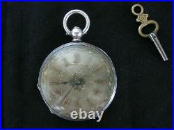 Antique small silver open face pocket watch with key & case working