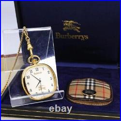 Burberry Pocket Watch Check Case Chain Good Condition Working Antique JAPAN JP