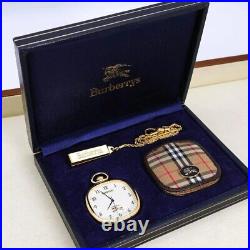 Burberry Pocket Watch Check Case Chain Good Condition Working Antique JAPAN JP