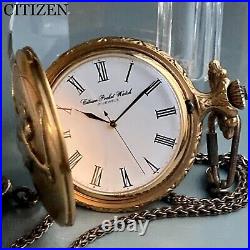 CITIZEN vintage pocket watch hunter case chain manual winding working well Japan