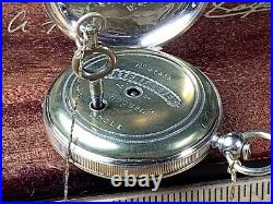 C. 1870 HUGUENIN HUNTER CASE Keywind POCKET WATCH Keeps Time KEY & 14K GOLD CHAIN