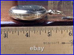 C. 1870 HUGUENIN HUNTER CASE Keywind POCKET WATCH Keeps Time KEY & 14K GOLD CHAIN
