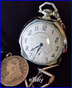 Deco Waltham 12s OF Pocket Watch, Solid 14k Gold Case & Chain. Coin Fob. Ca. 1926