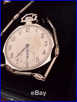 Deco Waltham 12s OF Pocket Watch, Solid 14k Gold Case & Chain. Coin Fob. Ca. 1926