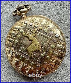 Deer / Buck Hunting 16s Multi Color 14k Solid Gold Pocket Watch Case Only
