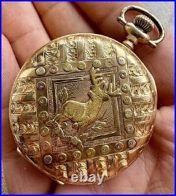 Deer / Buck Hunting 16s Multi Color 14k Solid Gold Pocket Watch Case Only