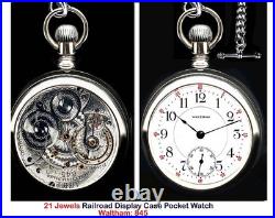 Display Case 21 Jewels 18 Size RR Pocket Watch Waltham 845. Working