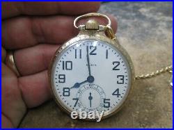 ELGIN 21J FATHER TIME FANCY RR GOLD FILLED CASE Running Pocket Watch & CHAIN