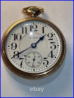 Elgin 16s Father Time 21J A5P Railroad Pocket Watch 14K Gold Filled Case Runs