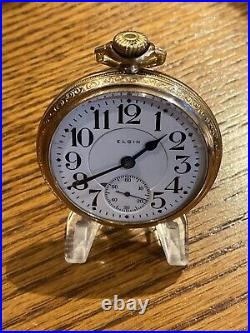 Elgin 16s Father Time 21J A5P Railroad Pocket Watch 14K Gold Filled Case Runs