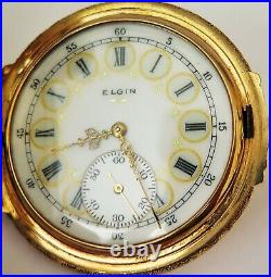 Elgin Multi Color 14k Gold Box Hinge Hunter Case Fancy Enamel Dial Pocket Watch