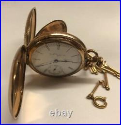 Estate ELGIN Double Hunter Roman Pocket Watch 15 Jewels Gold Plated Case withChain