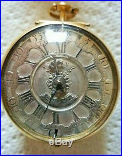 Excellent Champleve Dial Pair Cased Verge Pocket Watch in silver gilt case. GWO