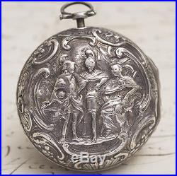 FINE ENGLISH SILVER REPOUSSE PAIR CASE VERGE FUSEE ANTIQUE POCKET WATCH running