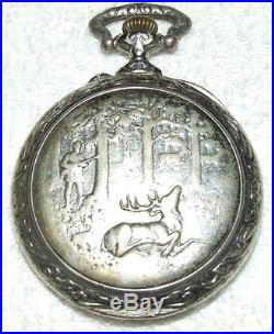 HUGE Antique DOXA Swiss Pocket Watch with Ornate Figural Deer Hunter Case, Rare