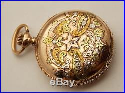 Ladies 0 size Multi color gold filled & 14K Lady Rose Hunting case pocket watch