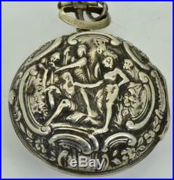 MUSEUM Renaissance Verge Fusee Repousse silver pair case watch by T. Miller, c1762