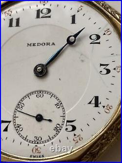 Medora pocket watch 21 jewels 14K GF Swiss Railroad Octagon ornate case