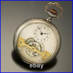 Mobilus Tourbillon Pocket Watch with Superb Floral Embossed 16-Size Silver Case