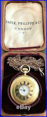 Patek Philippe 18kt Gold Half Hunter Case Pocket Watch 48mm with Box and Chain