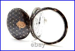 Pocket Watch Escasany Open Face Dial Porcelain Case Nielloed Silver 50mm Working