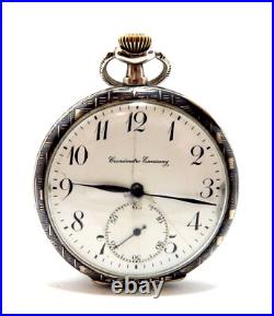 Pocket Watch Escasany Open Face Dial Porcelain Case Nielloed Silver 50mm Working