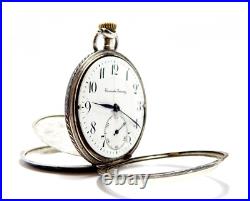 Pocket Watch Escasany Open Face Dial Porcelain Case Nielloed Silver 50mm Working