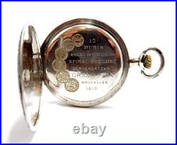 Pocket Watch Escasany Open Face Dial Porcelain Case Nielloed Silver 50mm Working