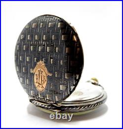 Pocket Watch Escasany Open Face Dial Porcelain Case Nielloed Silver 50mm Working