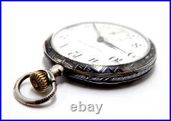Pocket Watch Escasany Open Face Dial Porcelain Case Nielloed Silver 50mm Working