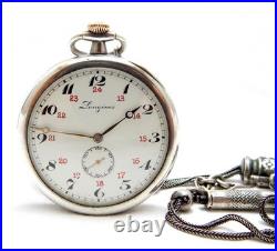 Pocket Watch LONGINES Case Silver 50mm With Silver Chatelaine Circa 1915 Working