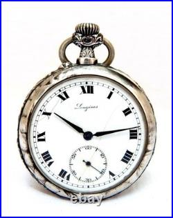 Pocket Watch LONGINES Dial Porcelain Art Nouveau Case Silver 48mm 1905c Working