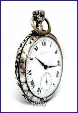 Pocket Watch LONGINES Dial Porcelain Art Nouveau Case Silver 48mm 1905c Working