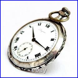 Pocket Watch LONGINES Dial Porcelain Art Nouveau Case Silver 48mm 1905c Working