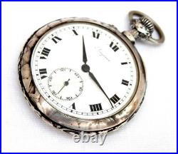 Pocket Watch LONGINES Dial Porcelain Art Nouveau Case Silver 48mm 1905c Working