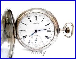 Pocket Watch LONGINES Hunter Dial Porcelain Case Silver 52mm Circa 1900 Working