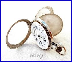 Pocket Watch Remontoir 15 Rubies Dial Porcelain Case Silver 51mm 1900c Working