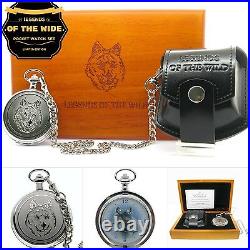 Pocket Watch Set Brass 53 MM Wolf Design with Leather Pouch Wood Box & Chain C83